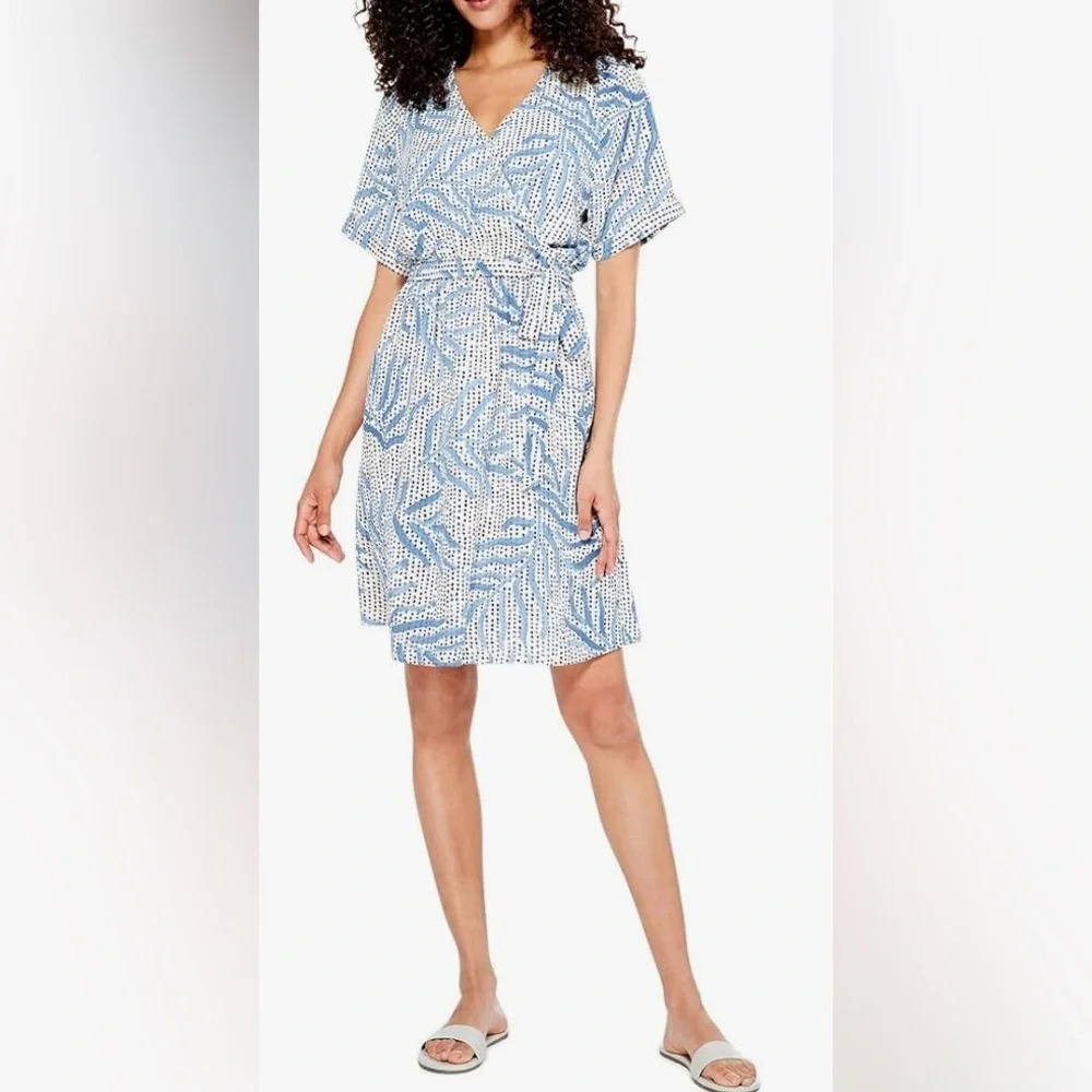 NIC+ZOE Women's Palm Dot Dress Faux Wrap Tie Waist With Pockets XS
